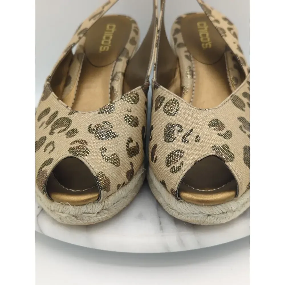 Chico’s Wedge 10 Metallic Animal Print‎ Leopard Peep Toe Slingback Espadrilles